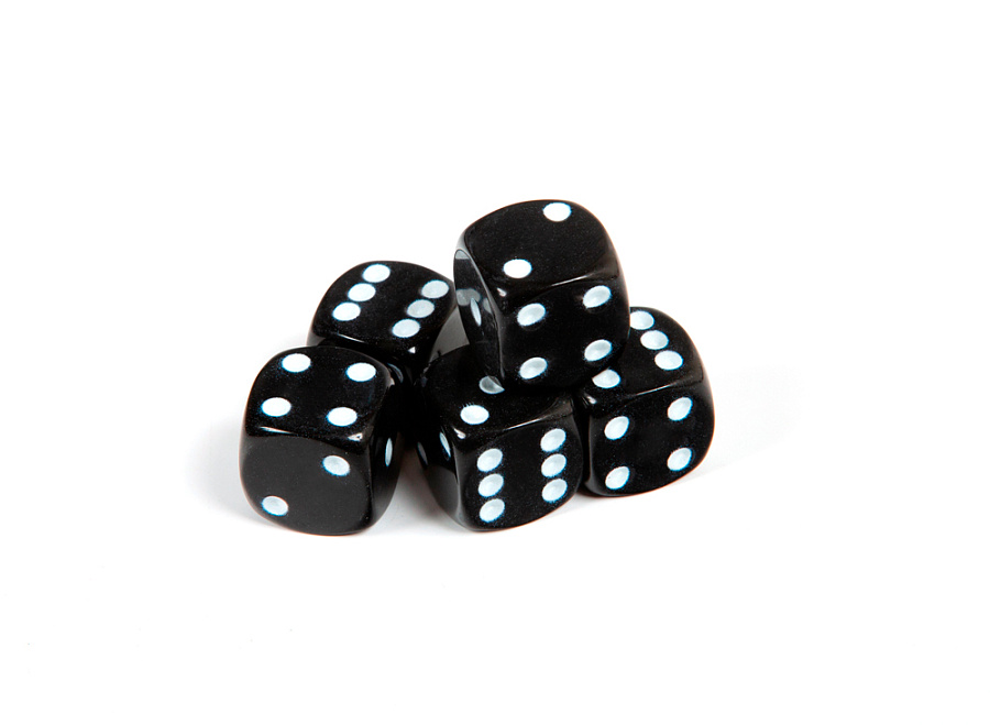 1237 Набор из 5 кубиков D6, 16мм. Черный с белыми точками в блистере