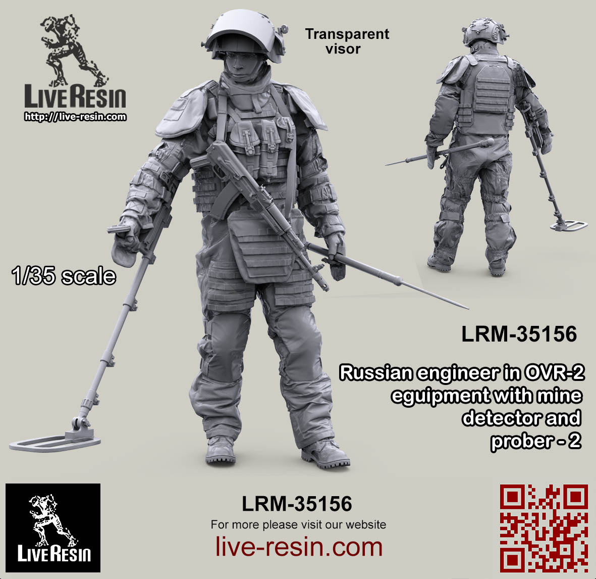 LRM35156 Современный Российский сапер в тяжелом костюме разминирования с миноискателем и щупом -1 (Не для свободной продажи) Live Resin