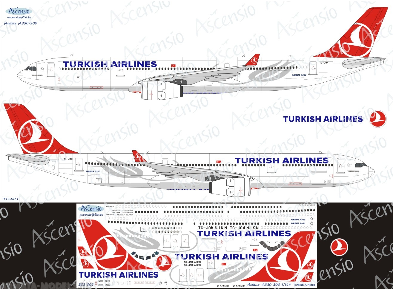 333-003 Декаль для самолета Airbus A330-300 Turkish Airlines 1/144