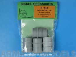 E-012 Дополнения для моделей German 200 l fuel drums – set #2. Set contains 4 resin barrels, 20 photo-etched elements for completing 4 barrels in 1/35 scale.